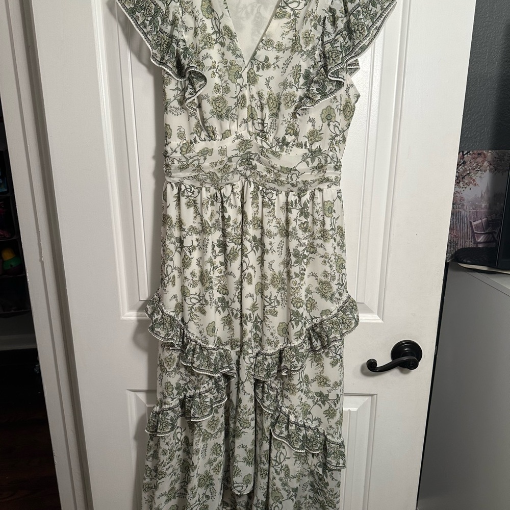 Max Studio Green and White Ruffled Tiered Sundress